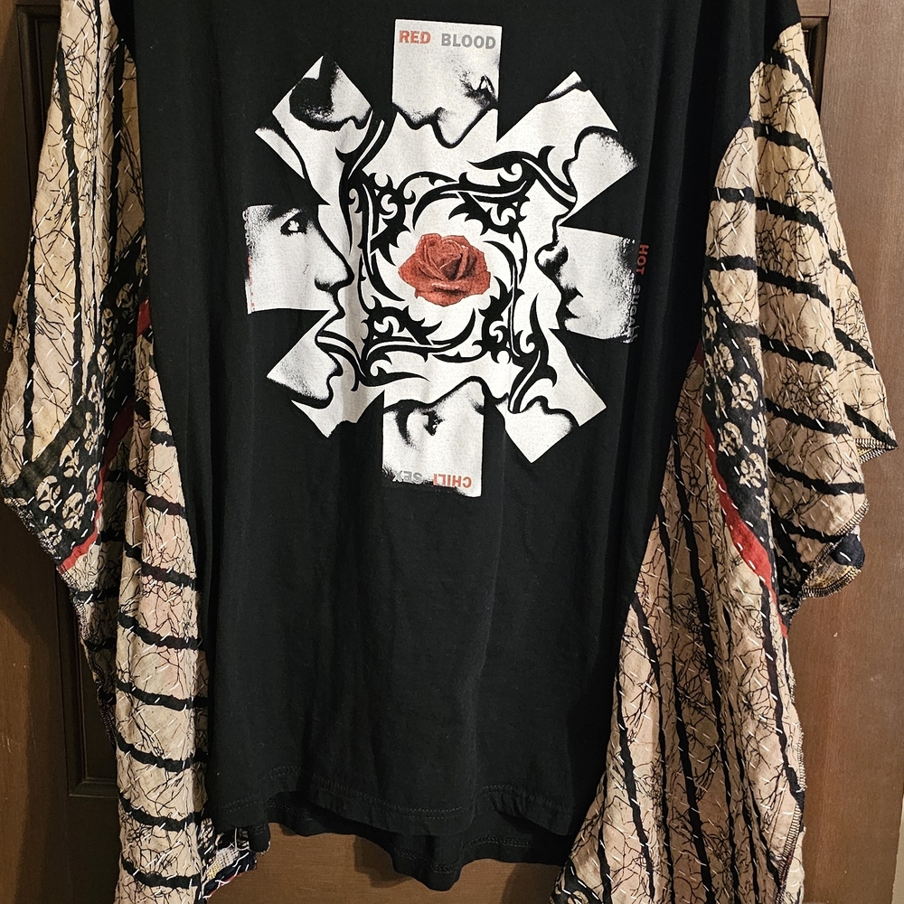 Black Graphic Rose Tee with Beige Patterned Kimono Overlay